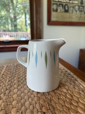Mid-Century Style White Ceramic Creamer with Blue & Green Accents